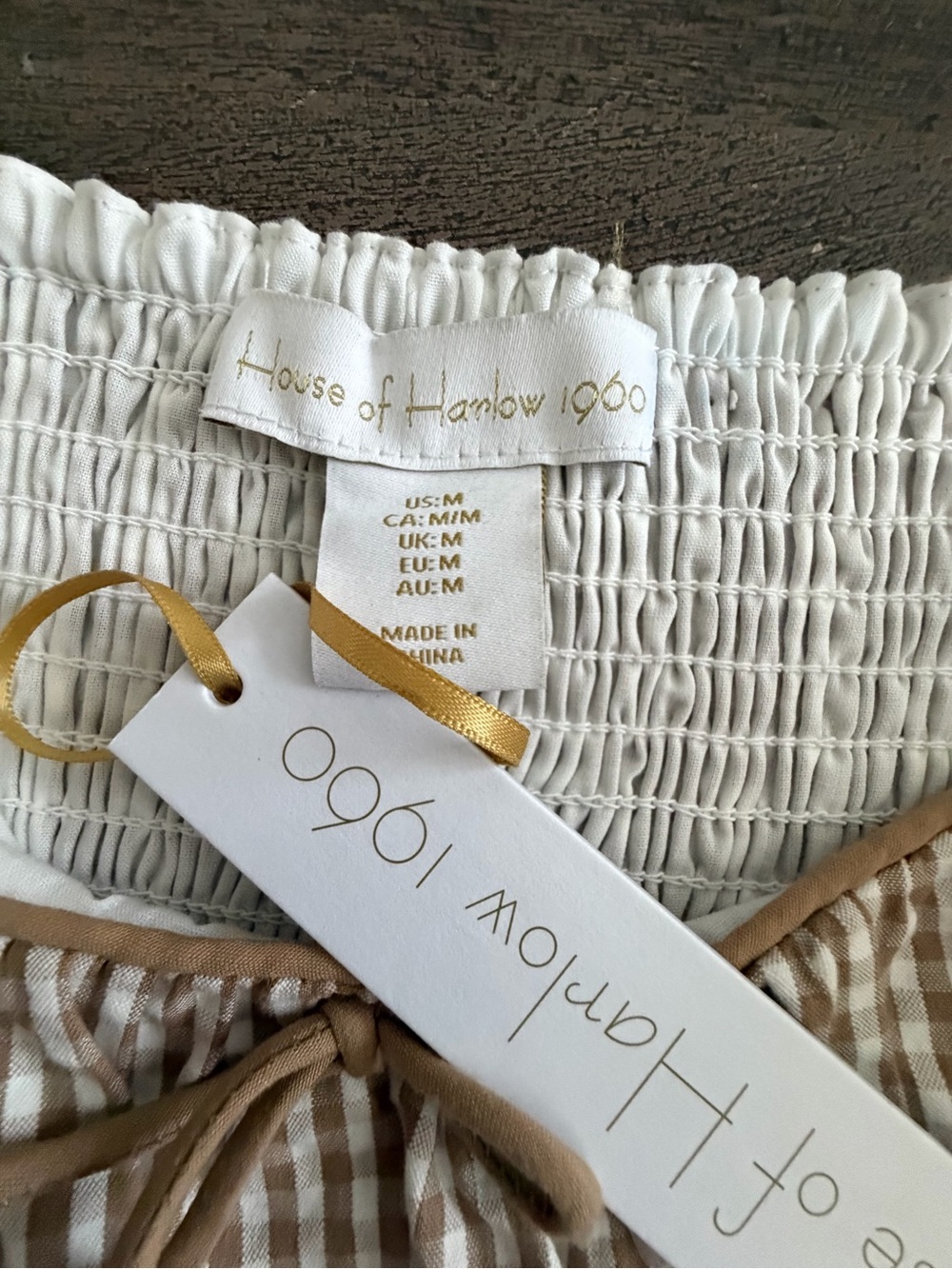 House of Harlow 1960 Beige Gingham Smocked Midi Dress - Picture 7 of 10